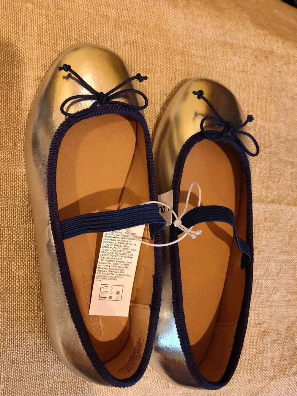 Silver Metallic Ballet Flats with Navy Trim